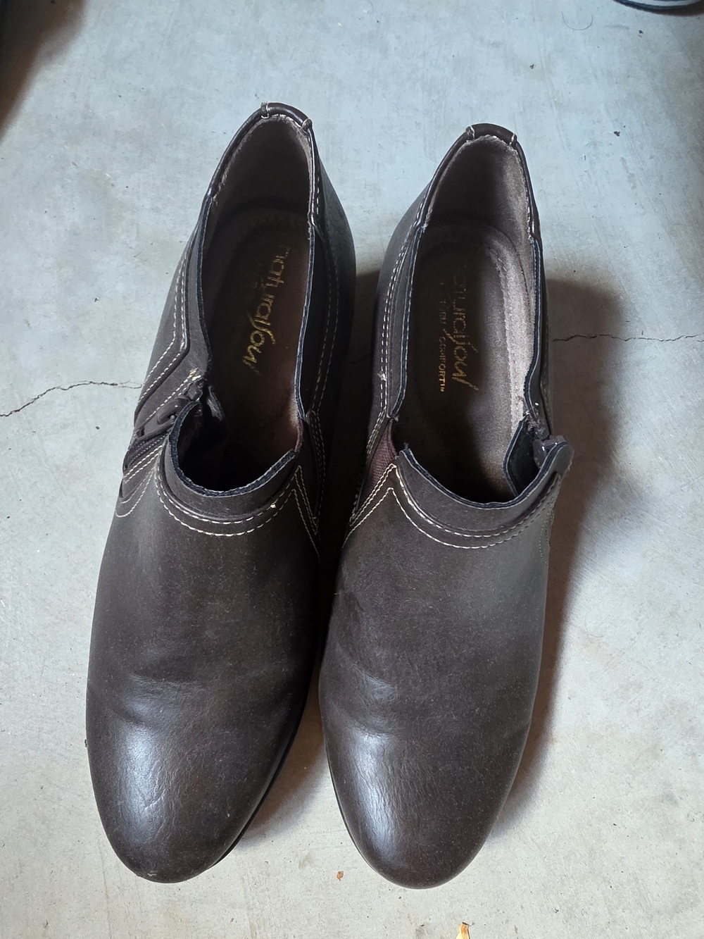 Dark Brown Slip-On Leather Shoes With Small Block Heels